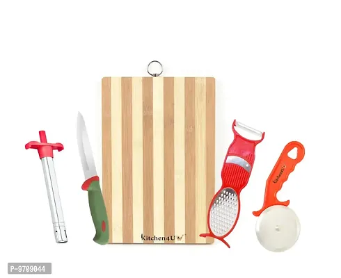 Premium Combo Of Bamboo Chopping Board, Knife, Peeler And Gas Lighter Kitchen With Pizza Cutter, Multicolor, Combo Of 5
