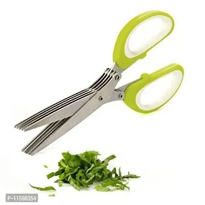Multi-Functional Stainless Steel Kitchen Knives 5 Layers Scissors Cut Herb Spices Cooking Tools Vegetable Cutter With Cleaning Brush -Pack Of 1, Colour May Vary-thumb0