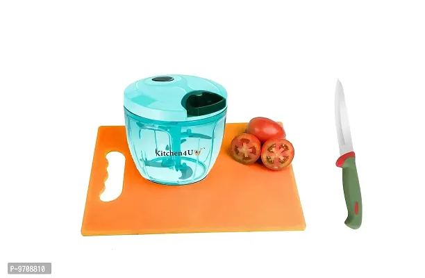 Premium Three Blades Handy Choppe 700 ML With Plastic Chopping Board And Vegetable Stainless Stell Soft Grip Knife, Combo Set Of 3