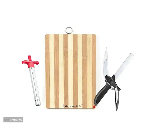 Premium Bamboo Chopping Board Cutting Board With Gas Lighter And Clever Cutter -Combo Of 3