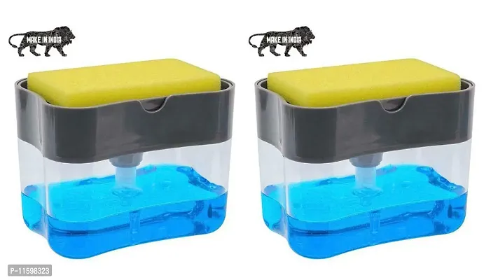 2 In 1 Soap Pump Plastic Dispenser For Dishwasher Liquid, Holder With Free Sponge -Capacity 400 Ml, Set Of Two