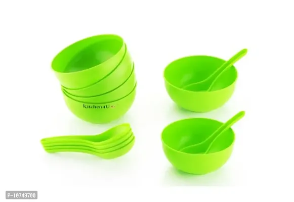 Round Shape Soup Bowl Set (6 Bowls and 6 Spoons) for Home  Office use Plastic Bowl Set (Green, Pack of 12)