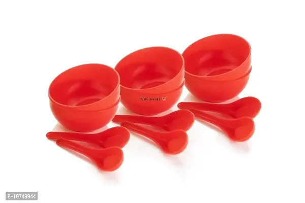 Round Shape Soup Bowl Set (6 Bowls and 6 Spoons) for Home  Office use Plastic Bowl Set (Red, Pack of 12)
