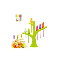 Food grade plastic Bird Forks for kids, home and office multicolor 6 forks and 1 tree. (color may vary)-thumb1