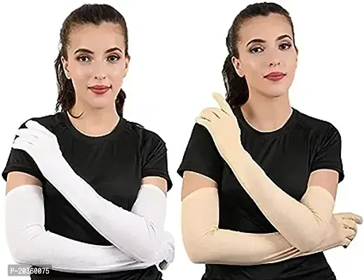 Om Enterprises Full Sleeve Gloves (skin+white)-1 for UV Protection 2 Pair