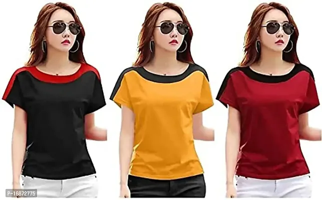 RYTESTYLE Women's Cotton Printed Round Neck T-Shirt (Pack of 3) (L)