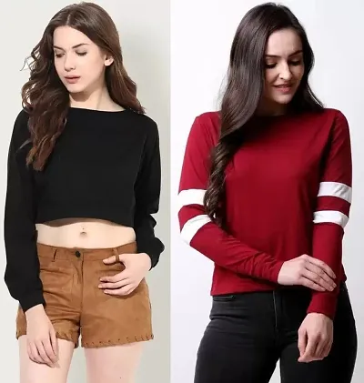 combo of 1 crop top and 1 striped t shirt for women and girls