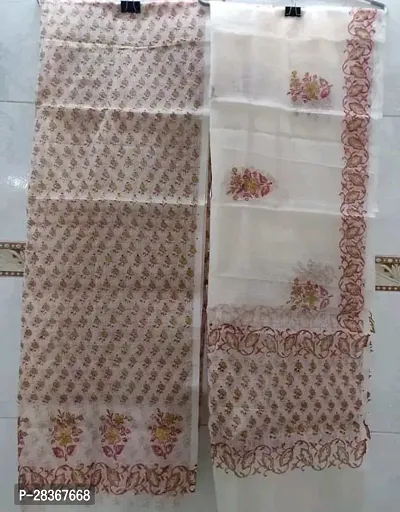 Stylish Cotton Blend White Printed Saree with Blouse piece-thumb0