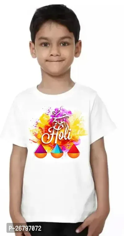 Stylish White Cotton Blend Printed Half Sleeve Round Neck Tees For Boys