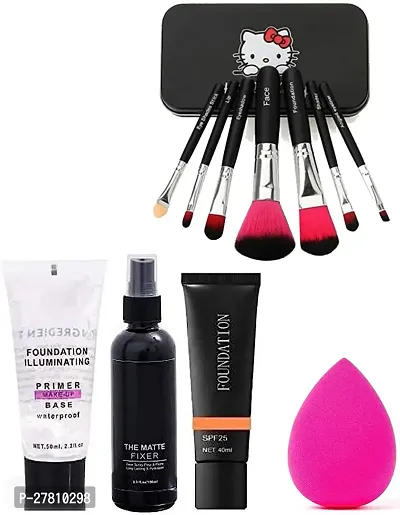 Beauzy 7 Pcs Black Makeup Brush Set, Makeup Fixer, Primer, Foundation, 1 Makeup Puff