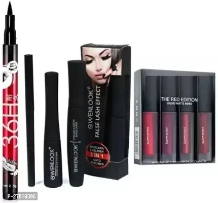 Beauzy Kajal And 3In1 Eyeliner,Mascara,Eyebrow Pencil + Red Edition Liquid Matte Lipstick