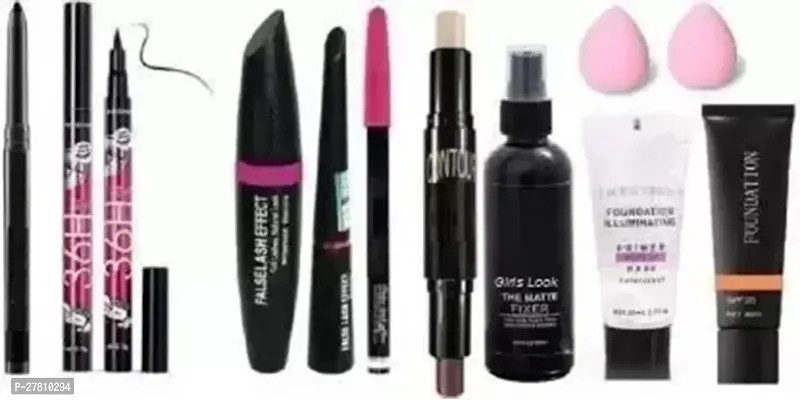 Beauzy Eye And Face Makeup Puffs, 3 In 1 Mascara Set, Liner, Kajal, Fixer, Primer, Foundation