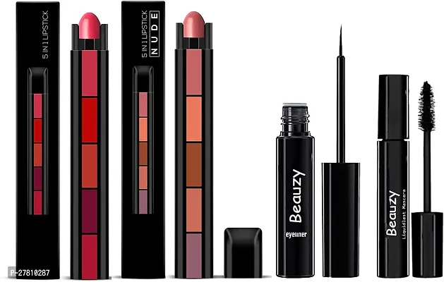 Beauzy 5In1 Red Plus Nude Shade Lipsticks,Volume Black Mascara And Liner Waterproof