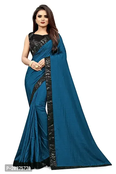 Nefrican Women's Vichitra Silk Saree with Blouse Piece (Royal Blue  Black) - NEFICAN-BSQ11