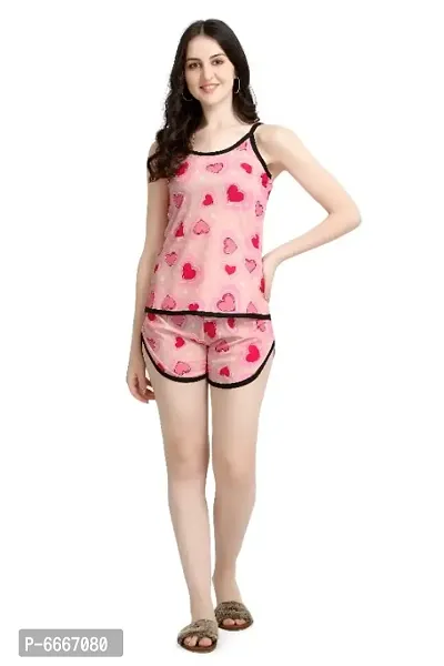 Latest Printed Red Night Wear Combo Top and Shorts For Women
