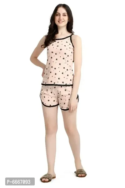 Latest Printed Beige Night Wear Combo Top and Shorts For Women