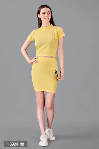 Latest Light Yellow 2 Piece Skirt  Top Set For Women