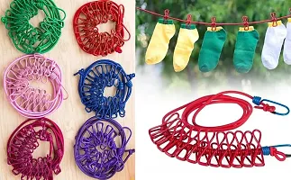 Elastic Cloth Drying Rope Portable clothe line with 12 Metal Clip for Outdoor Plastic, Steel Retractable Clothesline  (3 m)-thumb2