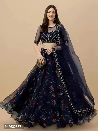 Stylish Dark Blue Net  Semi Stitched Lehenga Choli Set For Women