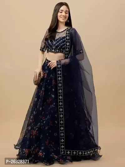 Stylish Dark Blue Net  Semi Stitched Lehenga Choli Set For Women-thumb4