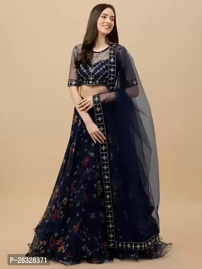 Stylish Dark Blue Net  Semi Stitched Lehenga Choli Set For Women-thumb3