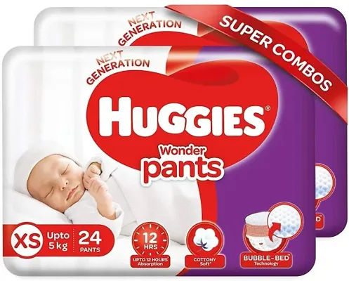 Huggies W48 Pieces, Size Extra Small / New Born Size Diaper Pants With Bubble Bed Technology For Comfort for Kids
