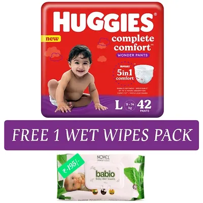 Huggies L 42 with free wet wipes worth Rs 195/-