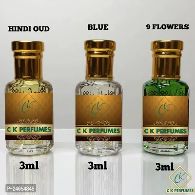 Attar pack 3ml*3 bottles hindi oud, blue and 9 flowers all 3 designer attar or perfume oils high quality