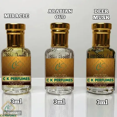 Attar Combo pack 3ml*3 bottles Arabian oudh, Miracle and Deer musk all 3 designer attar or perfume oils high quality-thumb0