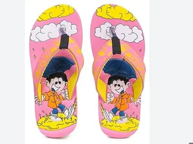 Unisex Pink Faux Leather Printed Slippers For Kids