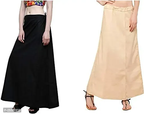 SNV Women's Cotton Saree Underskirt Sari Underwear Best Plain Readymade Saree Petticoats Pack of Two. Black and Beige