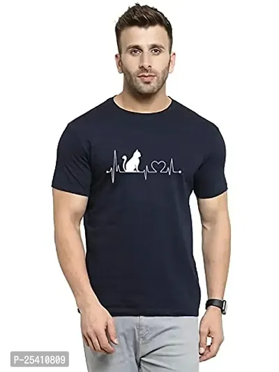 LAMS Funny Motivation Graphic Printed Tshirt for Men | Half Sleeves Tshirt for Women | Round Neck T Shirt |Heartbeat cat Lover |100% Cotton Biowash T-Shirt 180GSM for Men Dark Blue