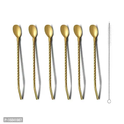 Straws with Detachable Spoons with 1 Cleaning Brush- Set of 6 (Gold)
