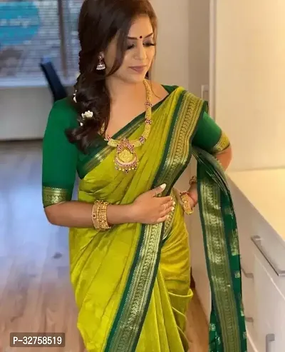 Stylish Green Cotton Silk Saree With Blouse Piece For Women-thumb0