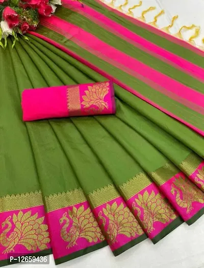 Cotton Silk Peacock Jacquard Border Sarees with Blouse Piece