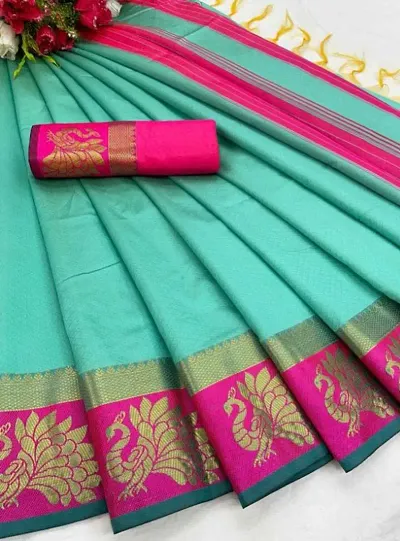 Cotton Silk Peacock Jacquard Border Sarees with Blouse Piece