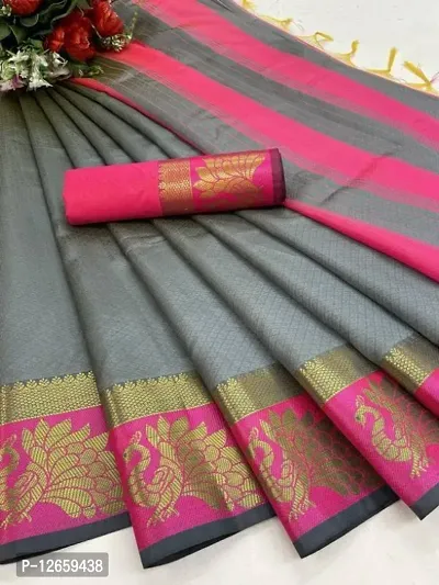 Cotton Silk Peacock Jacquard Border Sarees with Blouse Piece-thumb0