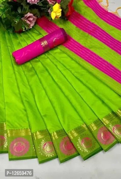Cotton Silk Self Woven Jacquard Border Sarees with Blouse Piece-thumb0