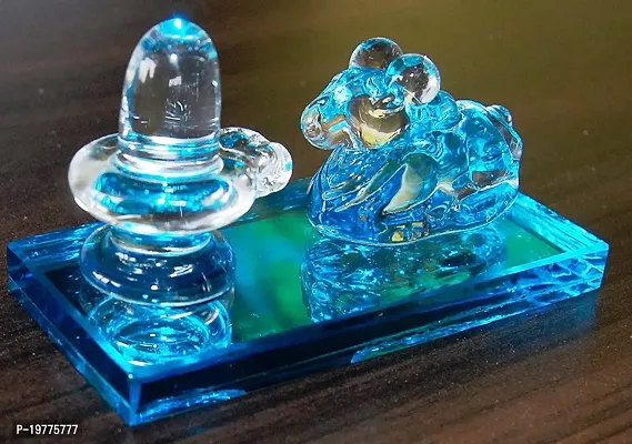 Handicraft Attractive Multicolor Colour Lord Shiva and Nandi Statue Idol , Showpiece of Crystal Glass for Worship, Decoration, Car Dashboard, Gift(3 inc L) (Blue)-thumb0