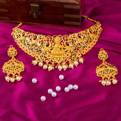 Plated Temple Jewellery Goddess Laxmi Choker Necklace Set for Women