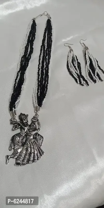 Stylish Metal Black Beaded Necklace With Radhe Krishna Locket And Earrings For Women-thumb0