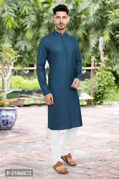 Reliable Blue Cotton Blend Solid Kurta with Pajama Set For Men