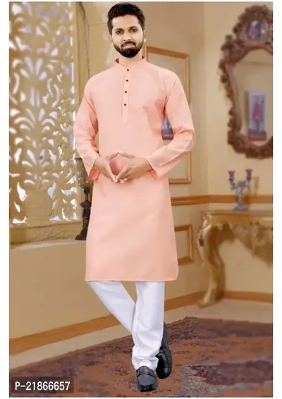 Reliable Peach Cotton Blend Solid Kurta with Pajama Set For Men-thumb0