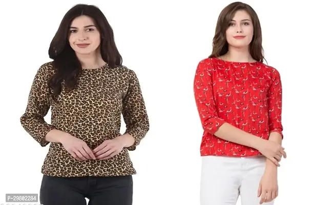 Elegant Multicoloured Crepe Printed Top For Women Combo Of 2-thumb0