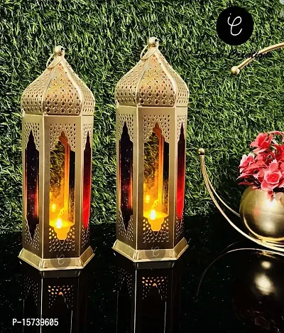 Imrab Creations Moroccan Iron Antique Moksha Hanging Lantern | Laltern Lamp with Tealight Candle Holder | Tabletop Centerpiece (Set of 2, Combo) (Gold-Red-Yellow-Blue)