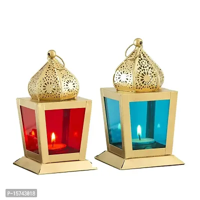 Imrab Creations Antique Decorative Sweetheart Square Hanging Lantern | Laltern Lamp with Tealight Candle Holder (RedSkyBlue, Pack of 2, Combo)-thumb0