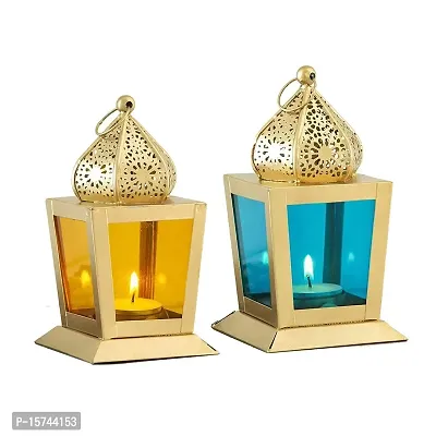 Imrab Creations Antique Decorative Sweetheart Square Shape Hanging Lantern | Laltern Lamp with Tealight Candle Holder (YellowSkyBlue, Set of 2, Combo)