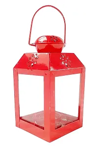Imrab Creations Antique Decorative Sweetheart Square Hanging Lantern | Laltern Lamp with Tealight Candle Holder (Set of 2, Combo, Red)-thumb1
