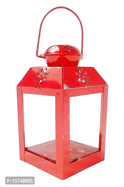 Imrab Creations Antique Decorative Sweetheart Square Hanging Lantern | Laltern Lamp with Tealight Candle Holder (Set of 2, Combo, Red)-thumb2