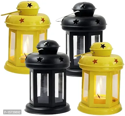 Imrab Creations Iron Moksha Hanging Lantern/Laltern with Tealight Candle Holder (Pack of 4, Combo) (Black-Yellow)-thumb0